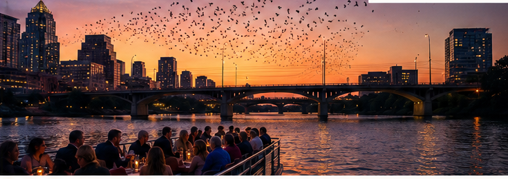 Austin skyline, Congress Avenue Bridge and bats over Lady Bird Lake at sunset