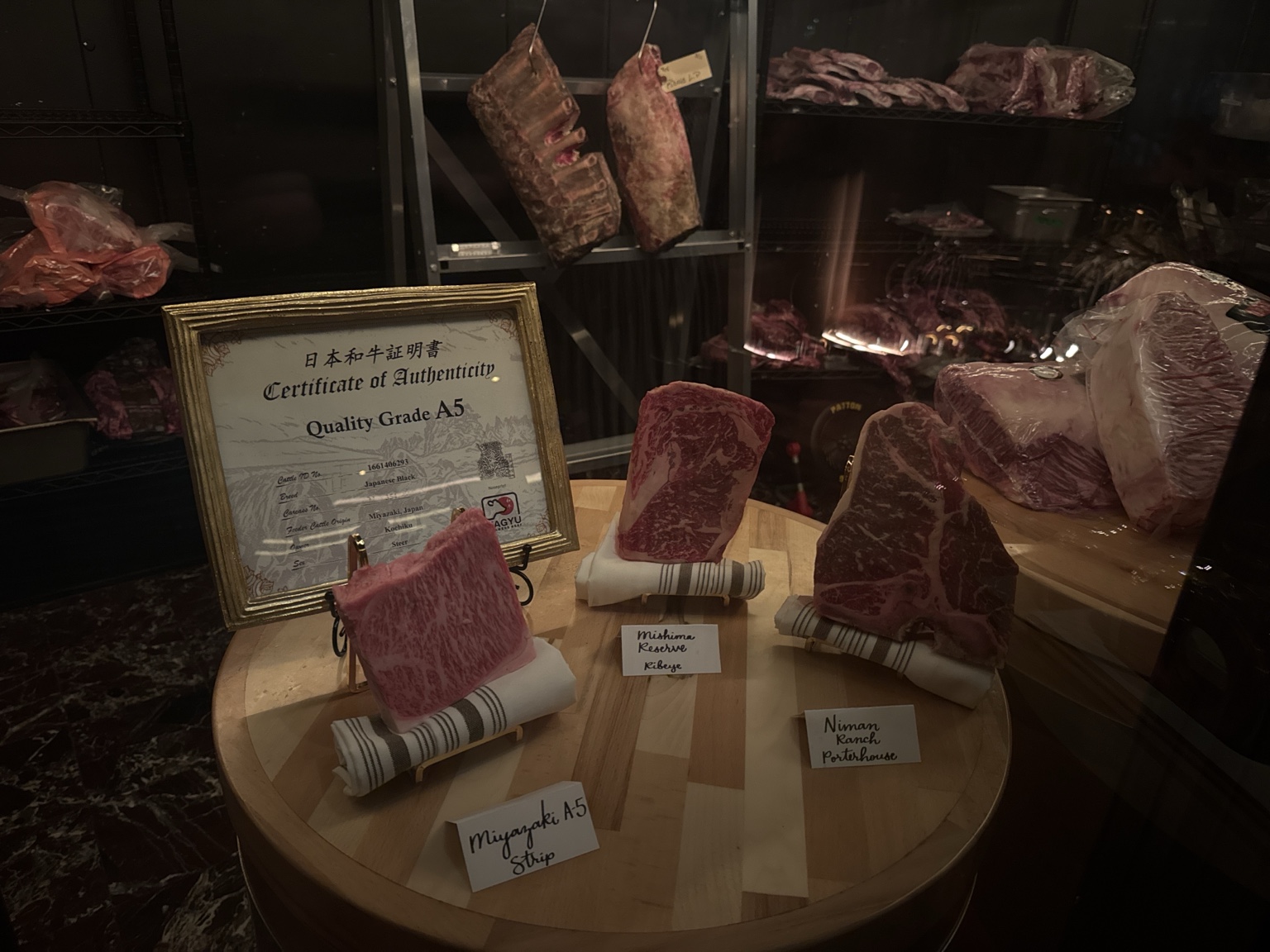 Meat room and premium steak display at Aris Mediterranean Steakhouse in Austin