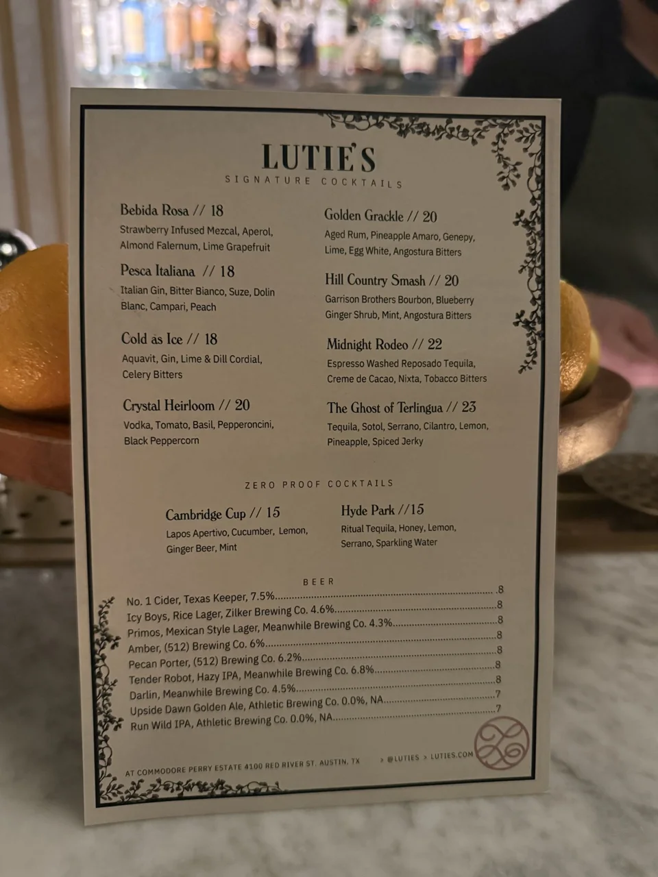 Lutie’s printed cocktail menu from our August 25 visit